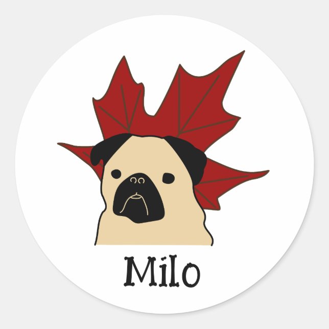Mops mit großem Leaf Runder Aufkleber (Vorderseite)