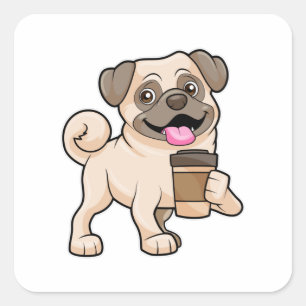 Mops mit Kaffee zum Mitnehmen Quadratischer Aufkleber