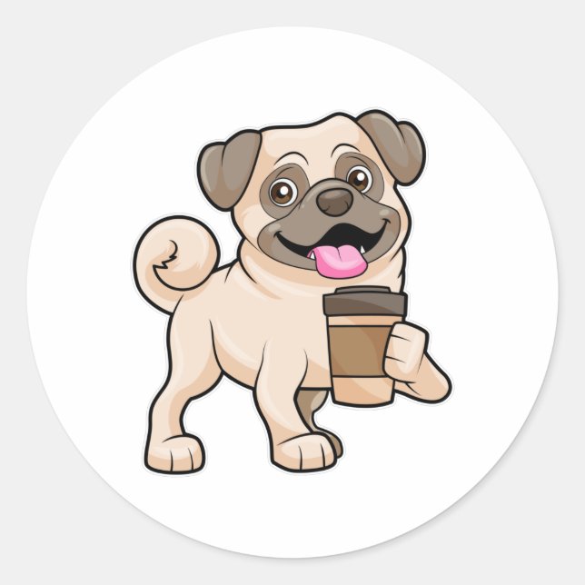 Mops mit Kaffee zum Mitnehmen Runder Aufkleber (Vorderseite)