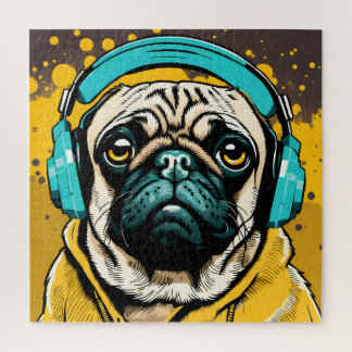 Mops mit Kopfhörer