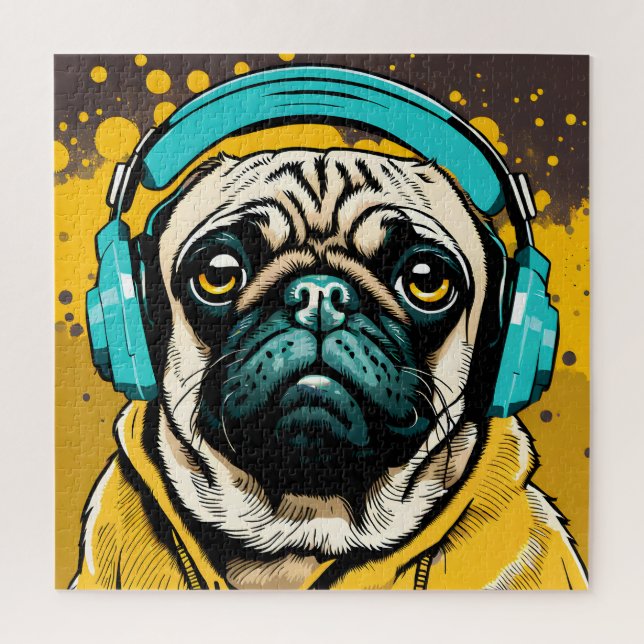 Mops mit Kopfhörer (Vertikal)
