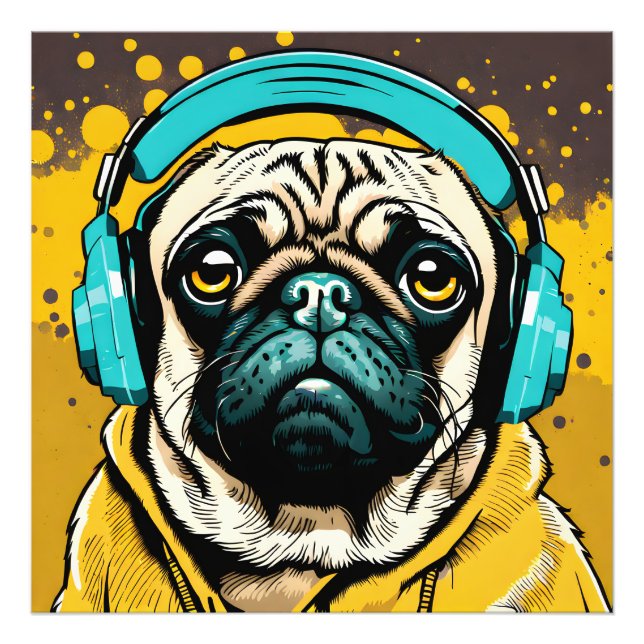 Mops mit Kopfhörer Fotodruck (Vorne)