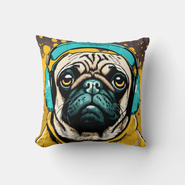 Mops mit Kopfhörer Kissen (Vorderseite)