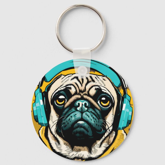 Mops mit Kopfhörer Schlüsselanhänger (Vorderseite)