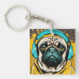 Mops mit Kopfhörer Schlüsselanhänger