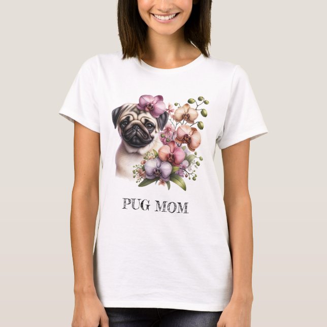 Mops mit Orchideenzweig, Aquarell, T-Shirt (Vorderseite)