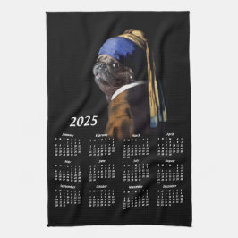 Mops mit Perlenvermerzbild 2025 Kalender Geschirrtuch