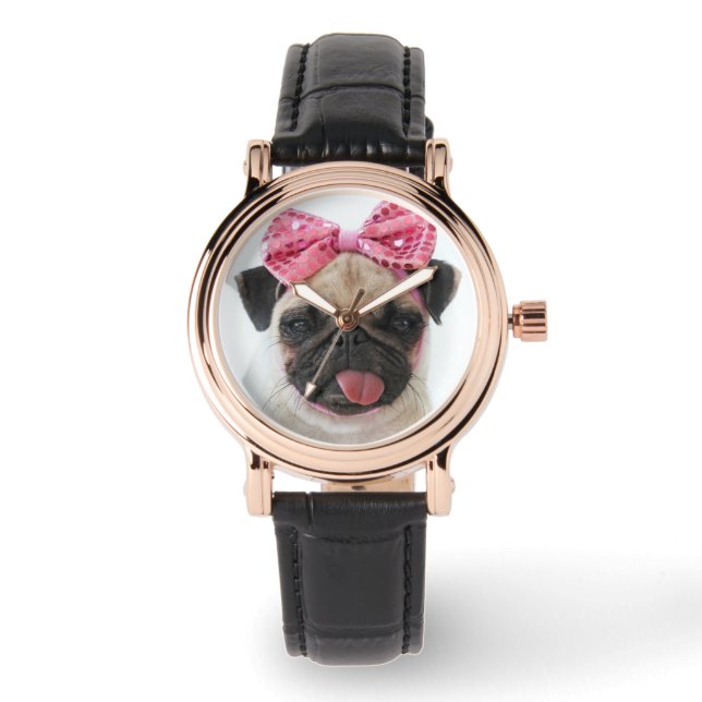 Mops mit rosa Bow Armbanduhr (Vorderseite)