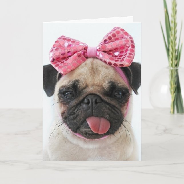 Mops mit rosa Bow Karte (Vorderseite)