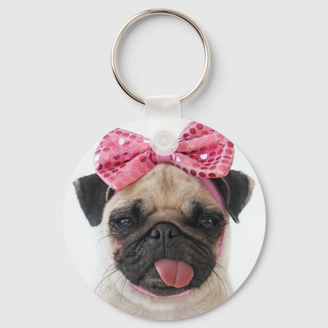 Mops mit rosa Bow Schlüsselanhänger (Vorderseite)