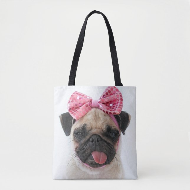 Mops mit rosa Bow Tasche (Vorderseite)