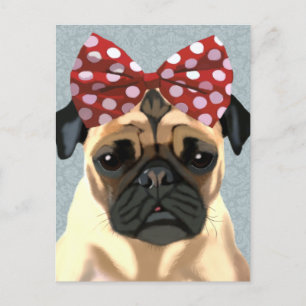 Mops mit rotem Spott auf Kopf 2 Postkarte