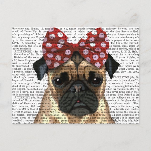 Mops mit rotem Spott auf Kopf Postkarte (Vorderseite)