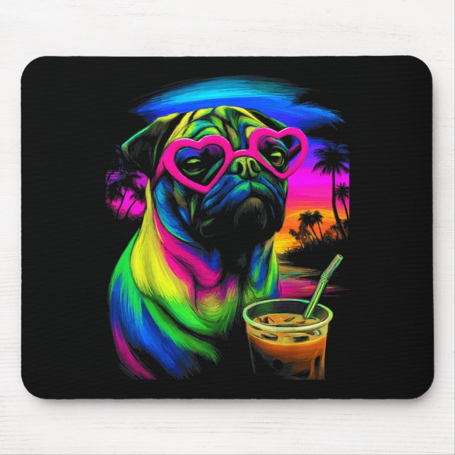 Mops mit Sonnenbrille Eiskaffee Strand Sommer Troc Mousepad (Vorne)