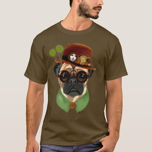 Mops mit Steampunk Bowler Hat T-Shirt (Vorderseite)