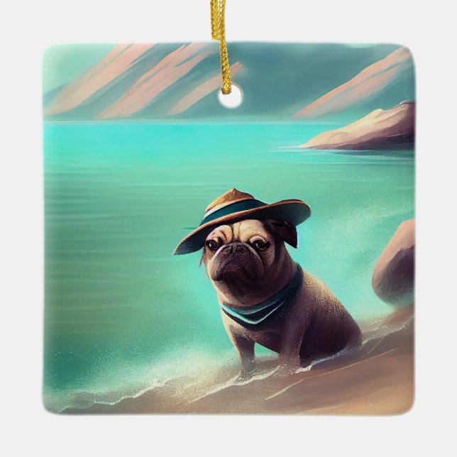 Mops mit Strandmalerei Keramikornament (Vorderseite)