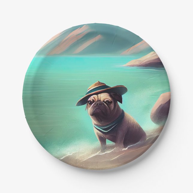 Mops mit Strandmalerei Pappteller (Vorderseite)
