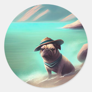 Mops mit Strandmalerei Runder Aufkleber