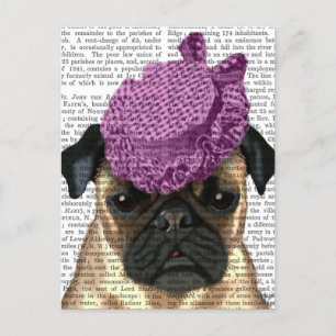 Mops mit Vintagem Lila Hut Postkarte
