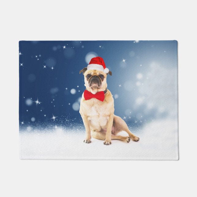 Mops mit Weihnachts-Weihnachtsmannmütze Fußmatte (Vorderseite)