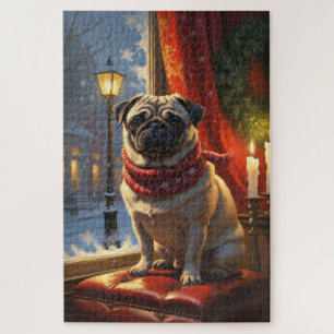 Mops mit Weihnachtsbeleuchtung Urlaub