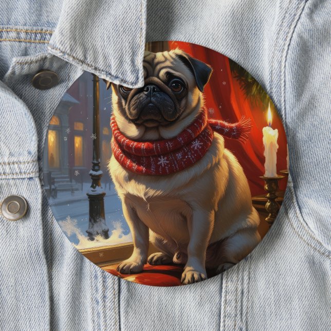 Mops mit Weihnachtsbeleuchtung Urlaub Button (Beispiel)
