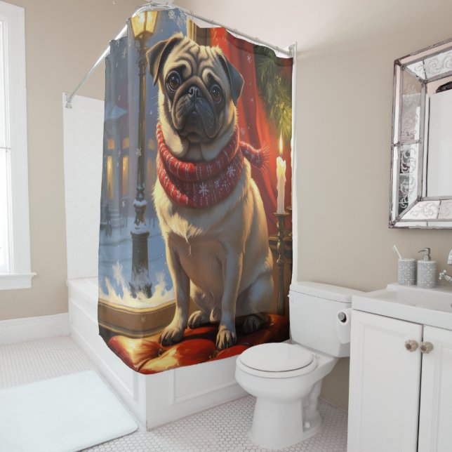 Mops mit Weihnachtsbeleuchtung Urlaub Duschvorhang (Beispiel)