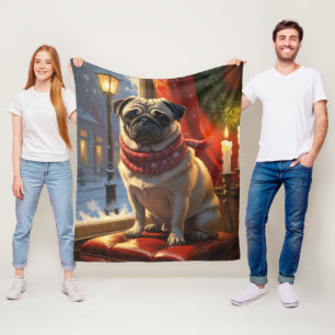 Mops mit Weihnachtsbeleuchtung Urlaub Fleecedecke