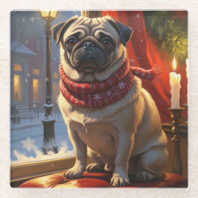 Mops mit Weihnachtsbeleuchtung Urlaub Glasuntersetzer (Vorderseite)