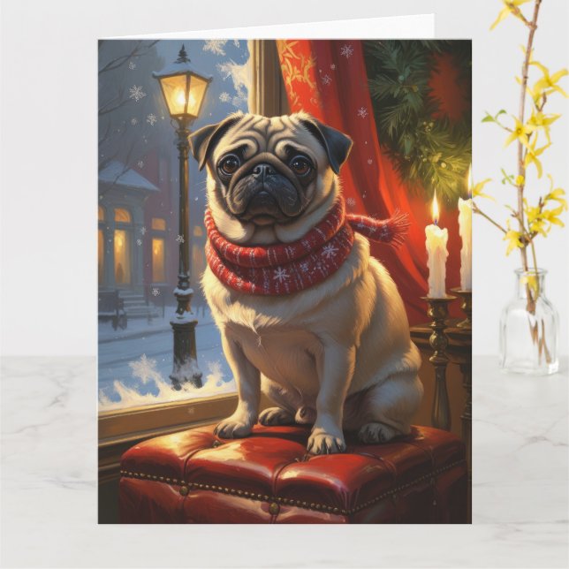 Mops mit Weihnachtsbeleuchtung Urlaub Karte (Gelbe Blume)