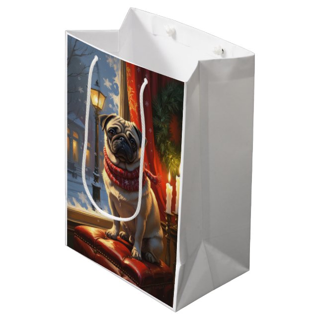 Mops mit Weihnachtsbeleuchtung Urlaub Mittlere Geschenktüte (Vorderseite Schrägansicht)