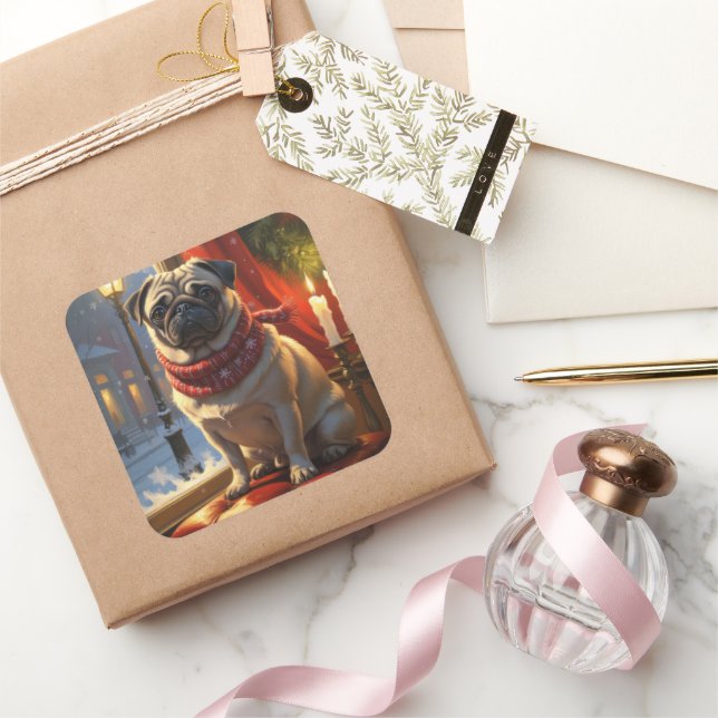 Mops mit Weihnachtsbeleuchtung Urlaub Quadratischer Aufkleber (Schenken)