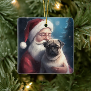 Mops mit Weihnachtsmann Festliches Weihnachten Keramikornament