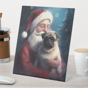 Mops mit Weihnachtsmann Weihnachten Sockelschild