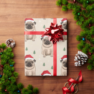 Mops mit Weihnachtsmannmütze rustikale Weihnachten Geschenkpapier