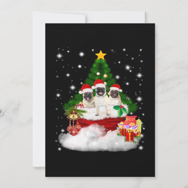 Mops Mops mit Freunden fröhlich von Weihnachtsbaum Einladung (Vorderseite)