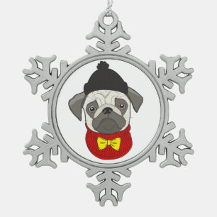Mops - niedlicher Hund zu Weihnachten Schneeflocken Zinn-Ornament
