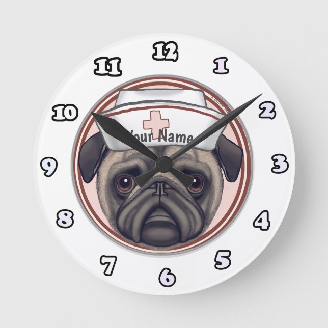 Mops-Nurse-Uhr Runde Wanduhr (Vorderseite)