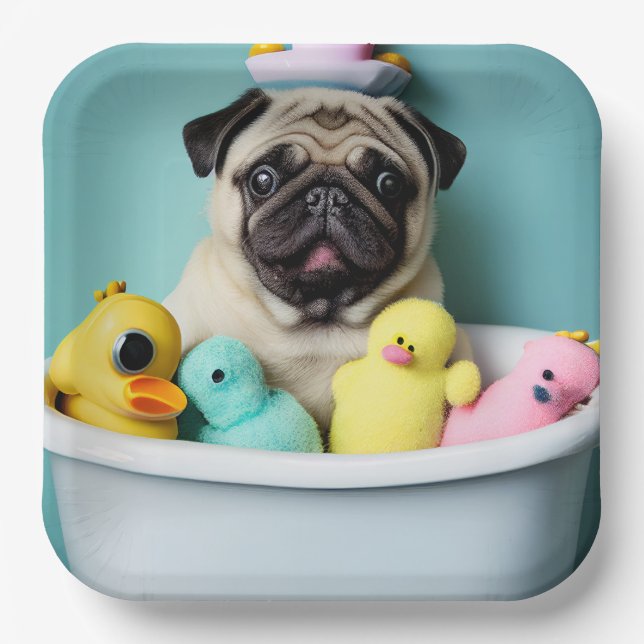 Mops Paradies: Badefreudigkeit in der Tube Pappteller (Vorderseite)