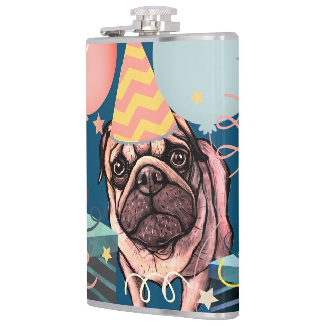 Mops-Party-Feier-Balloons-Hund-Foto-Konfetti Flachmann (Links)