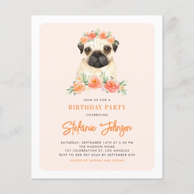 Mops Peach Floral Geburtstag Einladung (Vorderseite)