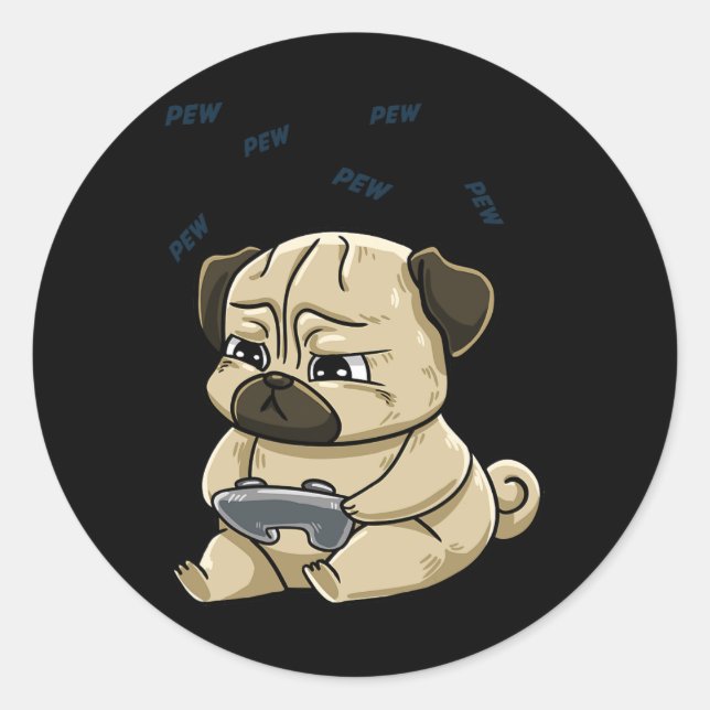Mops Pew Gamepad Niedlich Hob Runder Aufkleber (Vorderseite)
