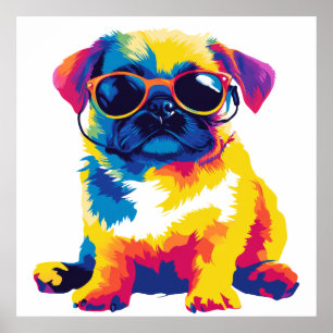 Mops Portrait Glasses Illustration Wasserfarbene K Poster