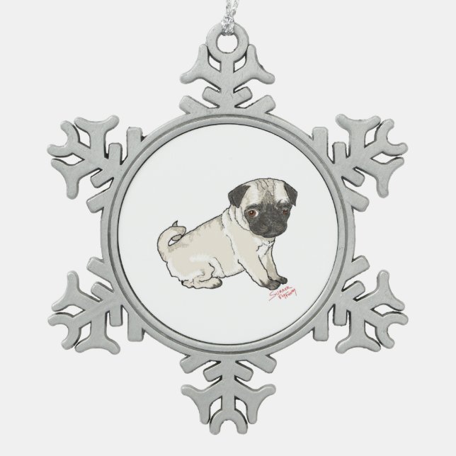 Mops Puppy Schneeflocken Zinn-Ornament (Vorderseite)