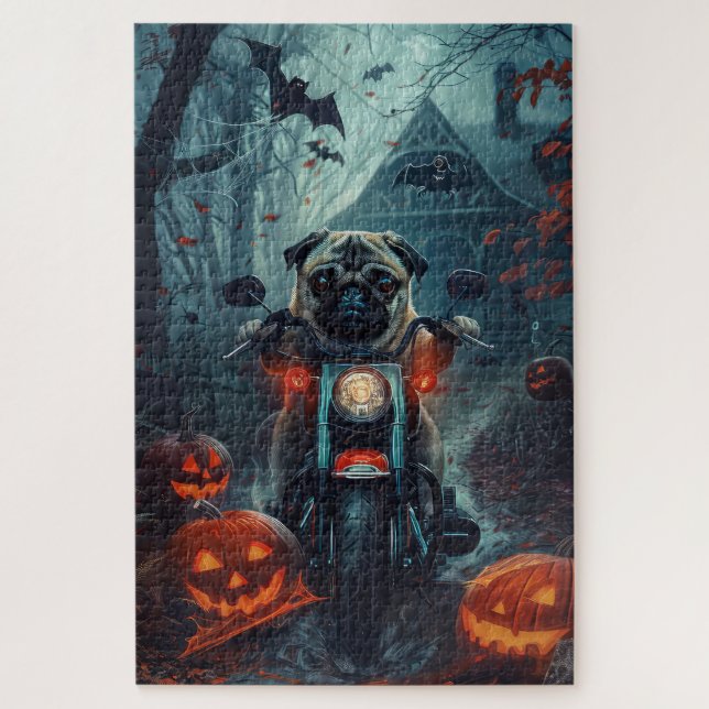 Mops Riding Motorrad Halloween Beängstigend (Vertikal)