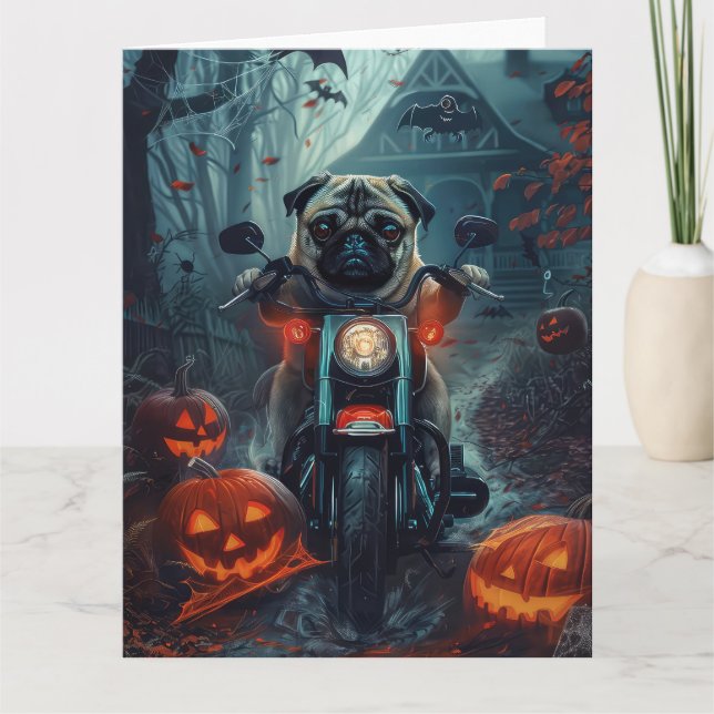 Mops Riding Motorrad Halloween Beängstigend Karte (Vorderseite)