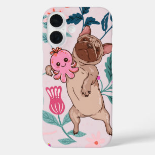 Mops & rosa Kraken Spielender Hund Blütenblume iPhone 16 Hülle