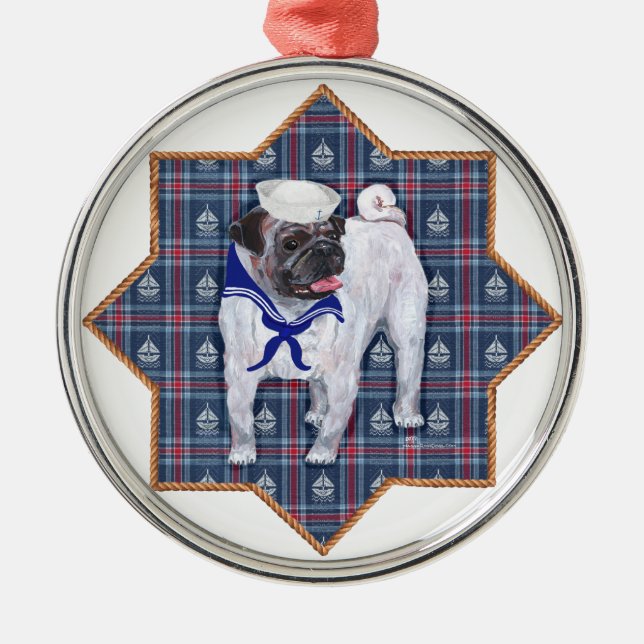 Mops Sailor Silbernes Ornament (Vorne)