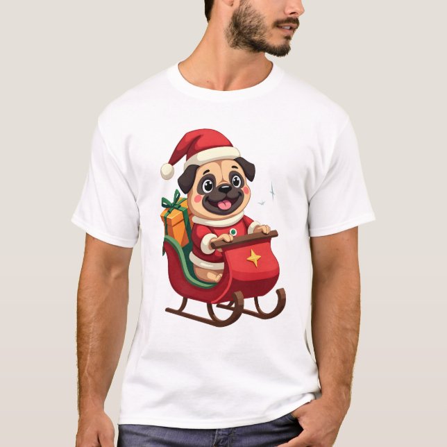 Mops-Schlittenfahrt T-Shirt (Vorderseite)