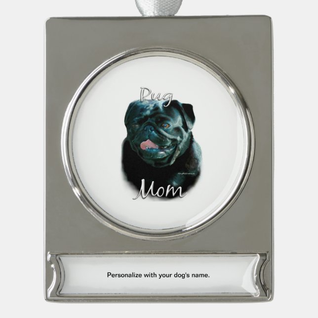 Mops (schwarz) Mama 2 Banner-Ornament Silber (Vorderseite)